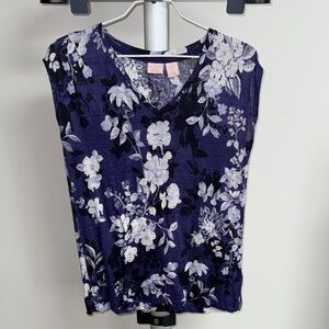 St. Tropez Floral V-Neck Cap Sleeve Top - Purple/Blue and Black and White, Sz S